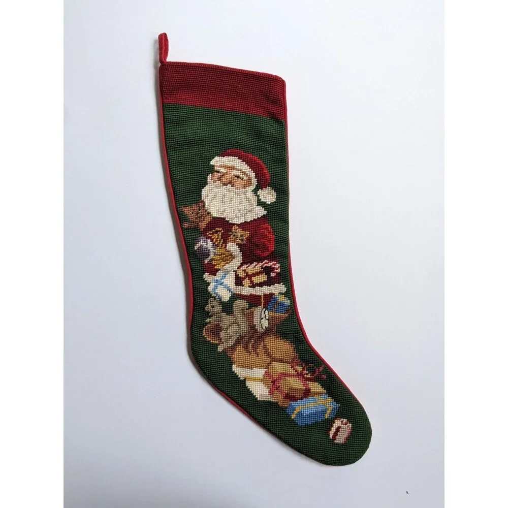 Vintage Needlepoint Christmas Stocking Santa‎ Toys Wool Front Red Flannel Back